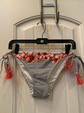 Vince Camuto Black & White Striped Bikini Bottom with Coral Floral Band